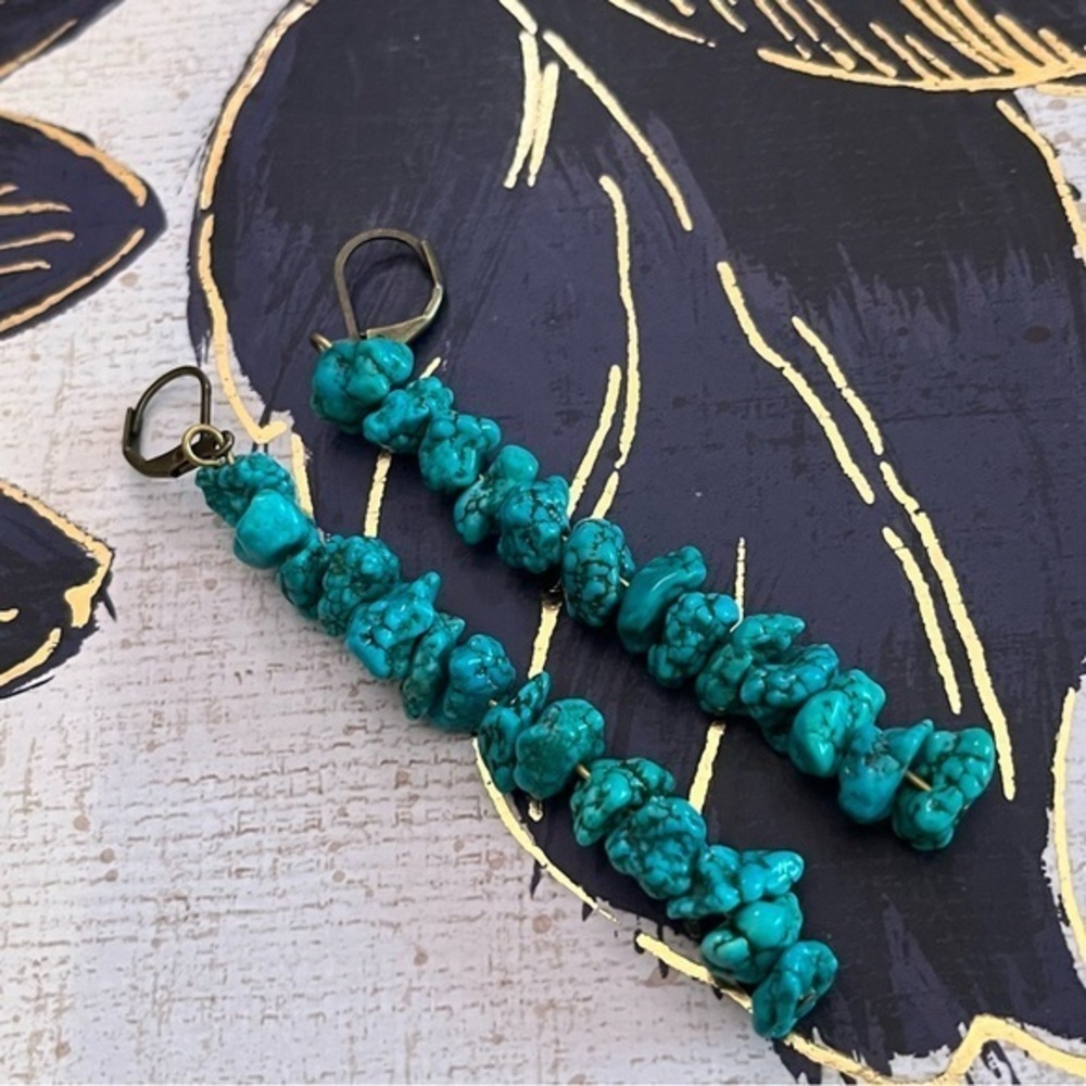 Vintage Long Brass / Bronze Bright Beaded Faux Turquoise Earrings A2